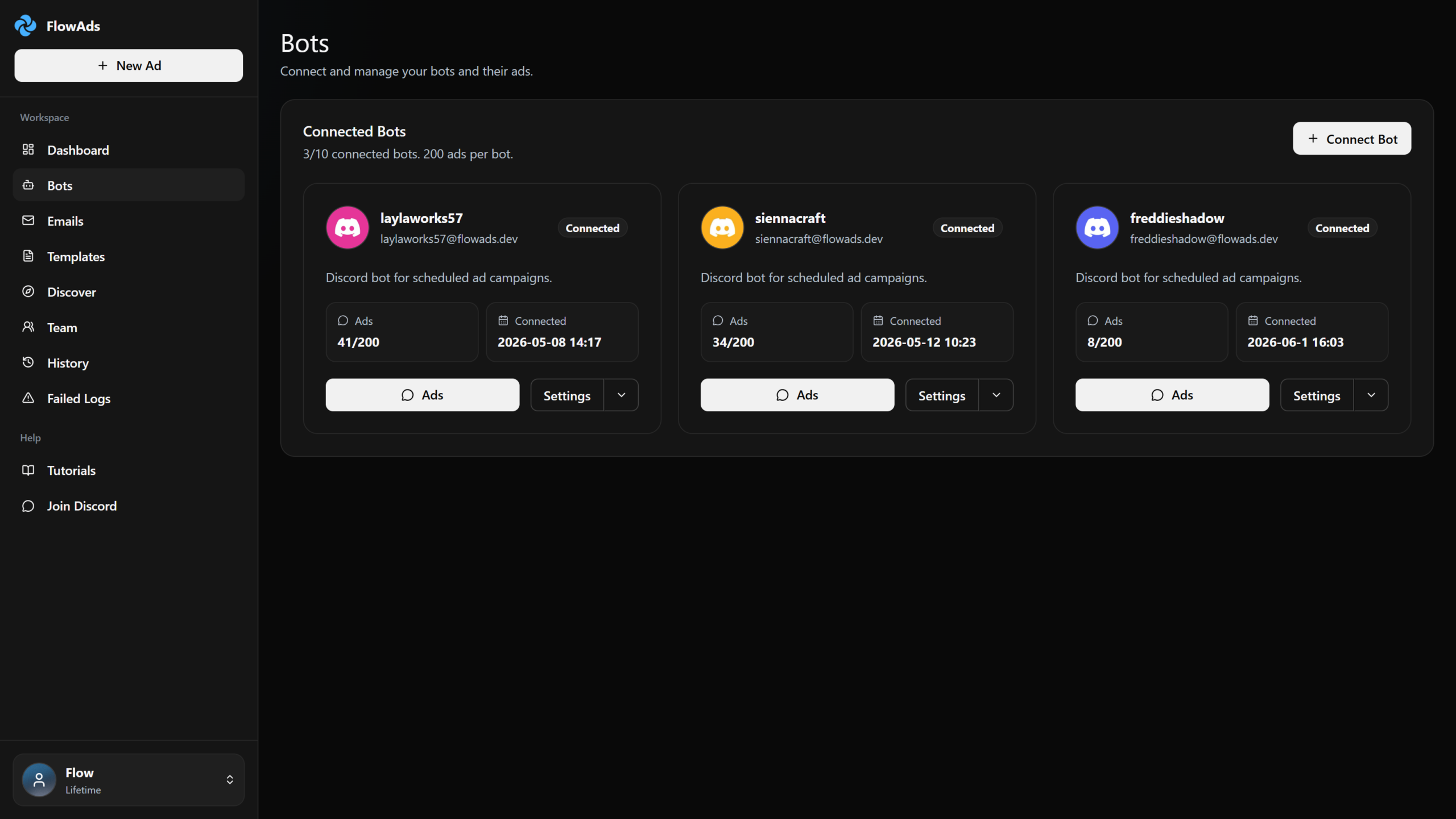FlowAds connected bots and account workspace