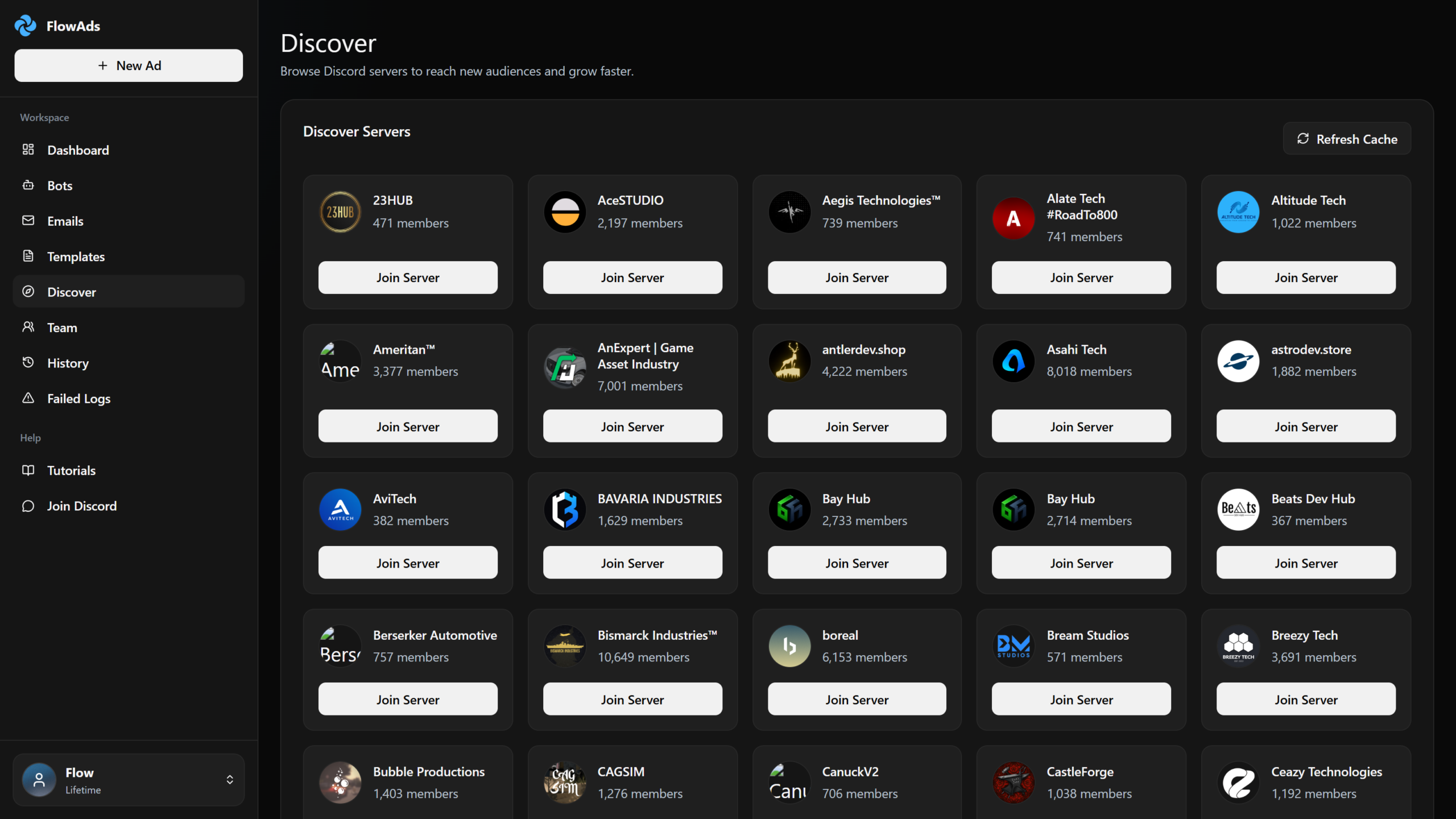FlowAds server discovery workspace